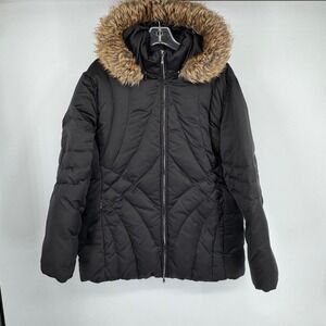 A.N.A Black Puffer Jacket Faux Fur Hood Zip Coat Quilted Women XL Winter Warm